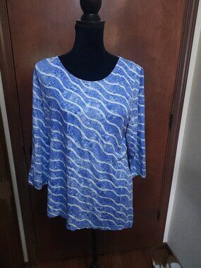 Chicos Womens Blue White Asymmetrical Hem 3/4 Sleeve Round Neck Stretch Shirt 3